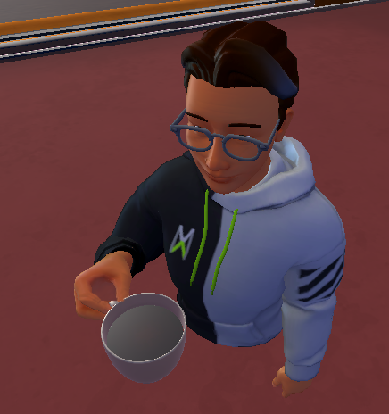 Screenshot di un avatar che tiene la tazza di caffè.