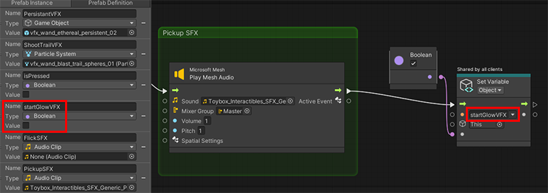 Screenshot del nodo set object value con il valore start flow vfx.