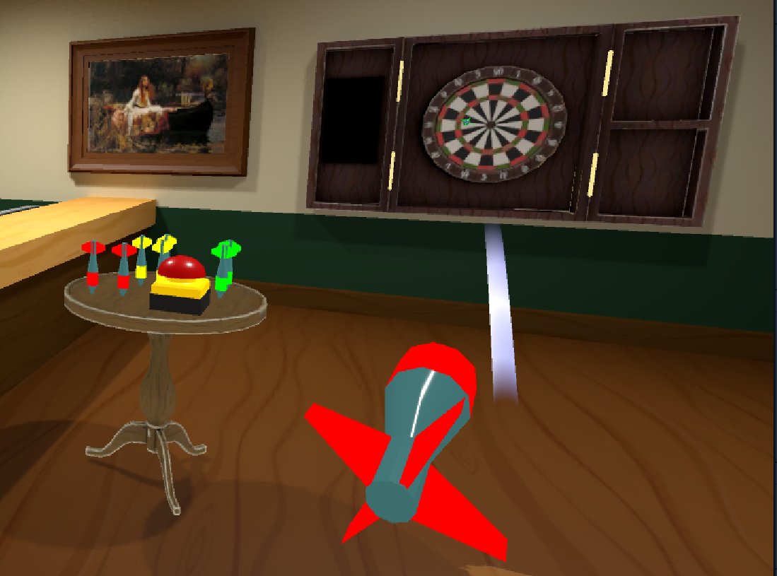 Screenshot di un gioco dart con una dart afferrata e letta per essere lanciata.