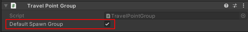 Screenshot di un componente Travel Point con la proprietà Default Spawn Group selezionata.