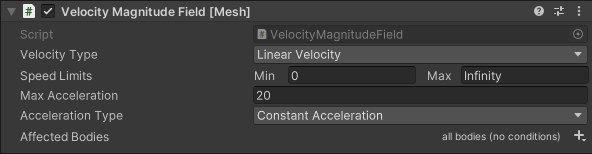 Screenshot delle opzioni dello script Velocity Field in Inspector.Screenshot of the Velocity Field script options in the Inspector.