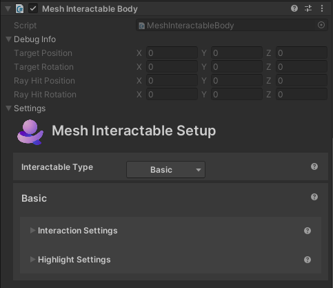 Screenshot di Unity che mostra il nuovo componente Mesh Interactable Body aggiunto al componente Button.