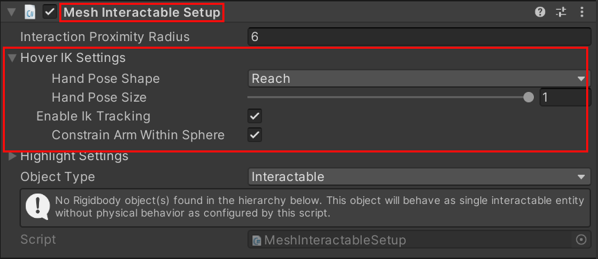 Screenshot di Unity che mostra la finestra di configurazione con interazione mesh e le impostazioni incluse.