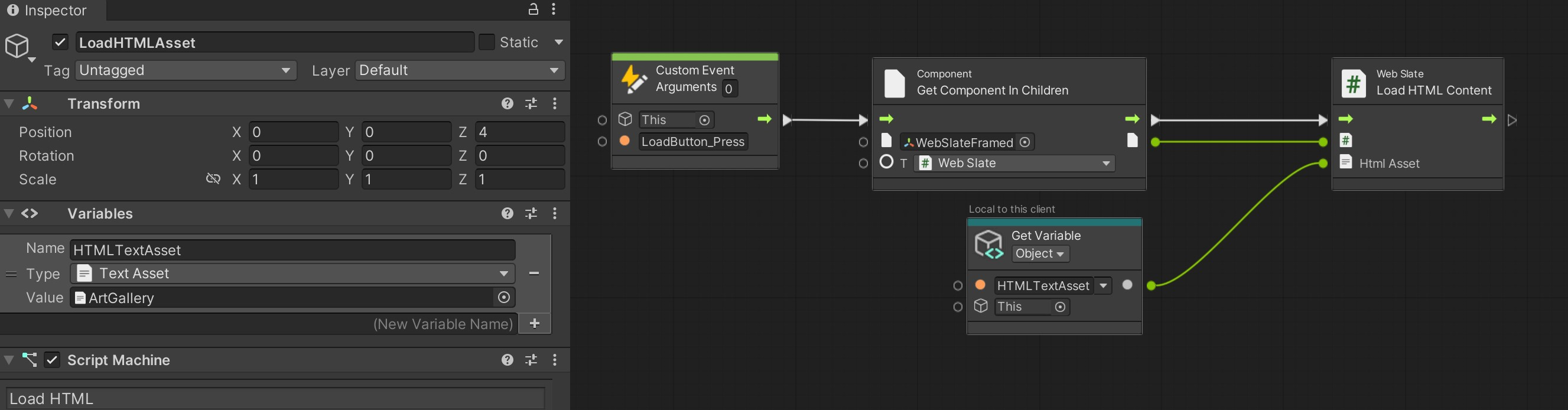 Screenshot di un grafico di script di esempio che carica il contenuto HTML in un WebSlate.