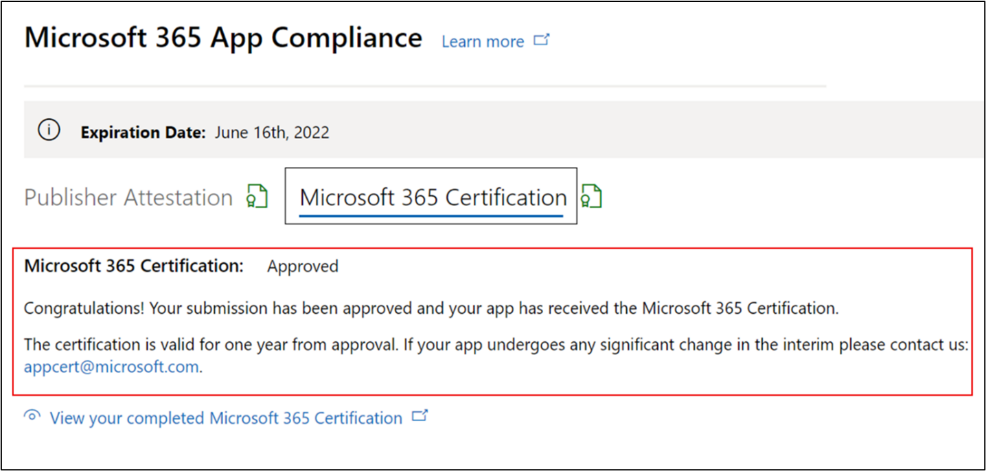 Certificazione app Microsoft 365 approvata