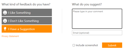 Screenshot di un'interfaccia del modulo di feedback con tre opzioni sul lato sinistro: 