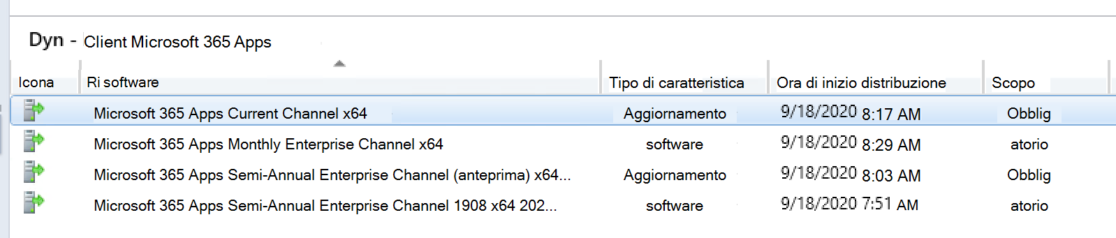 Screenshot di Configuration Manager che mostra gli aggiornamenti da canali diversi distribuiti nella stessa raccolta.