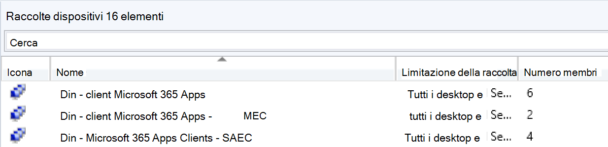 Screenshot delle raccolte Configuration Manager con i dispositivi spostati da una raccolta a un'altra.