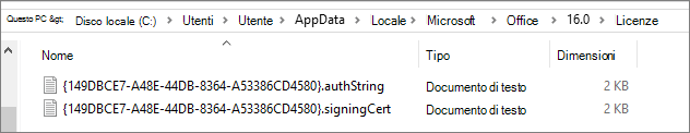 Screenshot del percorso del file che mostra i file di licenza di Office nella cartella AppData locale.