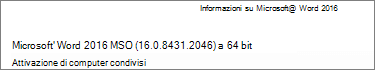 Screenshot delle informazioni sull'attivazione del computer condiviso nella sezione Informazioni su Microsoft Word.