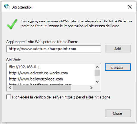 Screenshot della finestra di dialogo Siti attendibili che mostra l'opzione per aggiungere o rimuovere siti Web e gestire le impostazioni di sicurezza per i siti attendibili.
