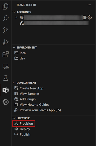 A screenshot of the Provision option in the Lifecycle pane of Teams Toolkit