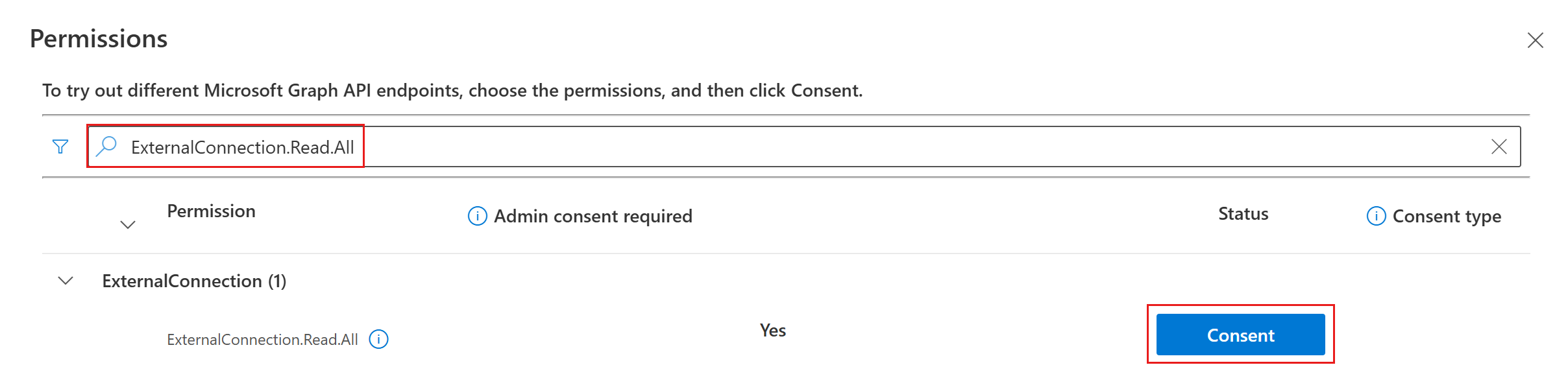 A screenshot of Graph Explorer's permission consent dialog with ExternalConnection.Read.All