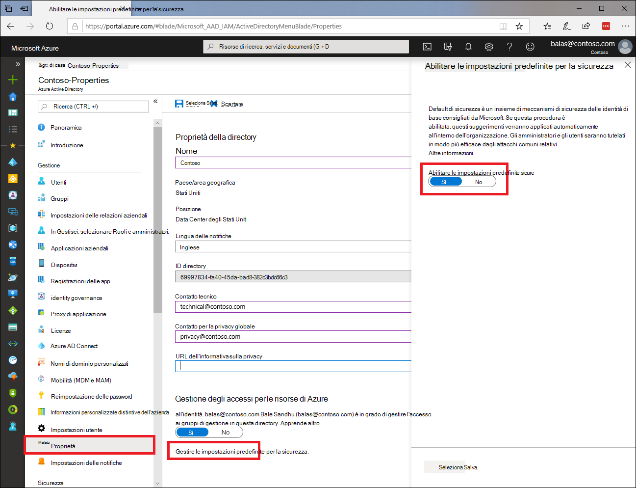 Screenshot del portale di Azure con l'interruttore per abilitare le impostazioni predefinite di sicurezza.