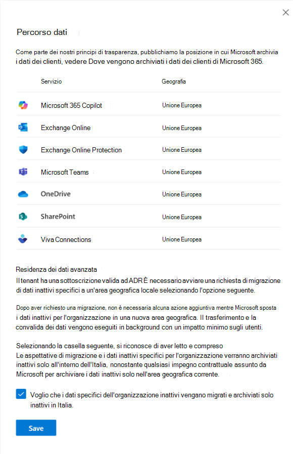 Screenshot della visualizzazione Percorso dati prima della migrazione.