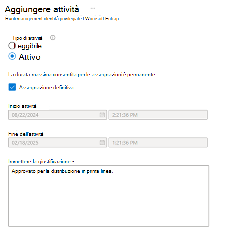 Screenshot della scheda Impostazione che mostra il tipo di assegnazione e la giustificazione.
