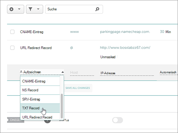 Selezionare TXT Record per il record TXT SPF.