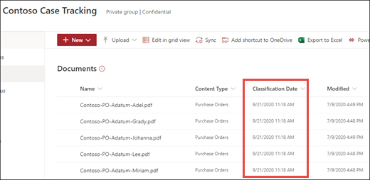 Screenshot di una raccolta documenti che mostra la colonna Data classificazione.