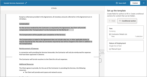 Screenshot del documento Configura il pannello del modello e il documento modello.