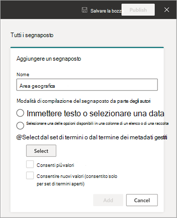 Screenshot del visualizzatore di modelli che mostra il pannello Nuovo campo per l'input da un termine o un set di termini.