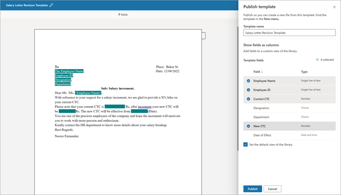 Screenshot del pannello Pubblica modello e del documento modello.