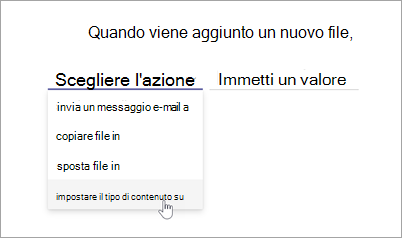 Screenshot della pagina dell'istruzione della regola che mostra l'opzione choose action evidenziata.