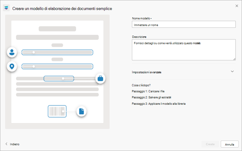 Screenshot del pannello destro della pagina Crea un modello di elaborazione documenti semplice.