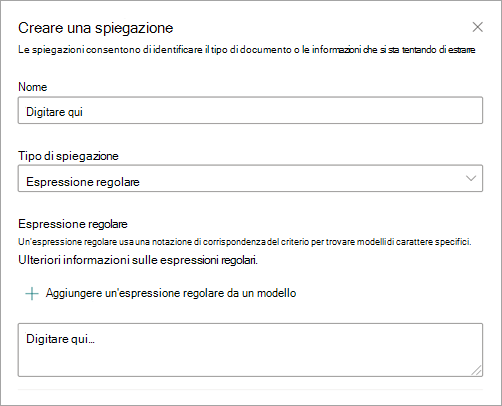 Screenshot che mostra il pannello Crea una spiegazione con l'opzione Espressione regolare selezionata.