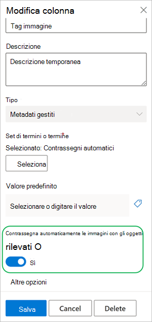Screenshot che mostra il pannello Impostazioni colonna per la colonna Tag immagine.