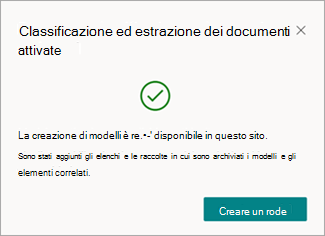 Screenshot del messaggio di classificazione ed estrazione dei documenti attivato con l'opzione Crea un modello.