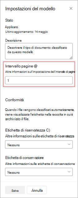 Screenshot del pannello Impostazioni modello che mostra l'opzione Intervallo di pagine.