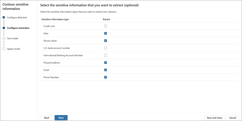 Screenshot della pagina Configura estrazione.