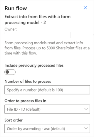 Screenshot che mostra il pannello Esegui flusso con le opzioni dei parametri evidenziate.