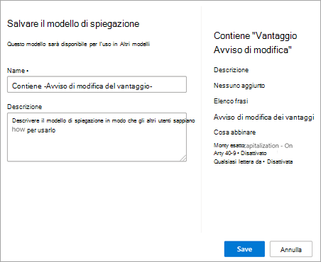 Screenshot della pagina Salva modello di spiegazione.