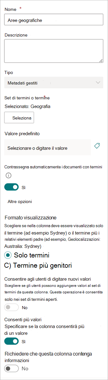 Screenshot che mostra il pannello Impostazioni colonna per la colonna tassonomia.