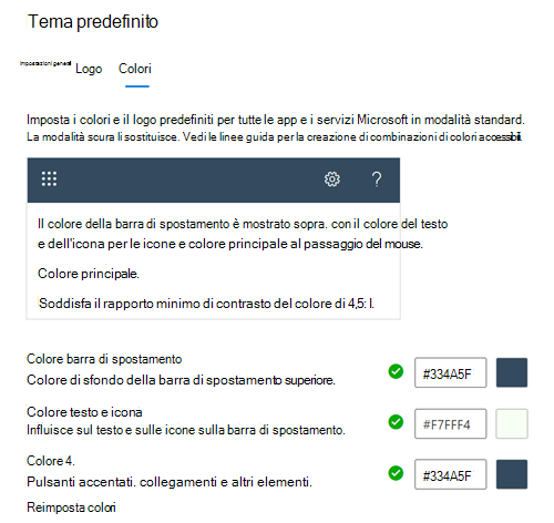 Screenshot: scheda Colori che mostra i colori del tema predefiniti per l'organizzazione