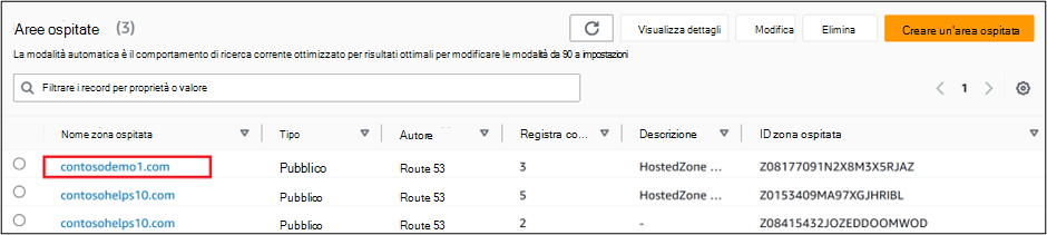 Screenshot delle zone ospitate in cui si seleziona il nome di dominio per il record TXT di verifica del dominio.