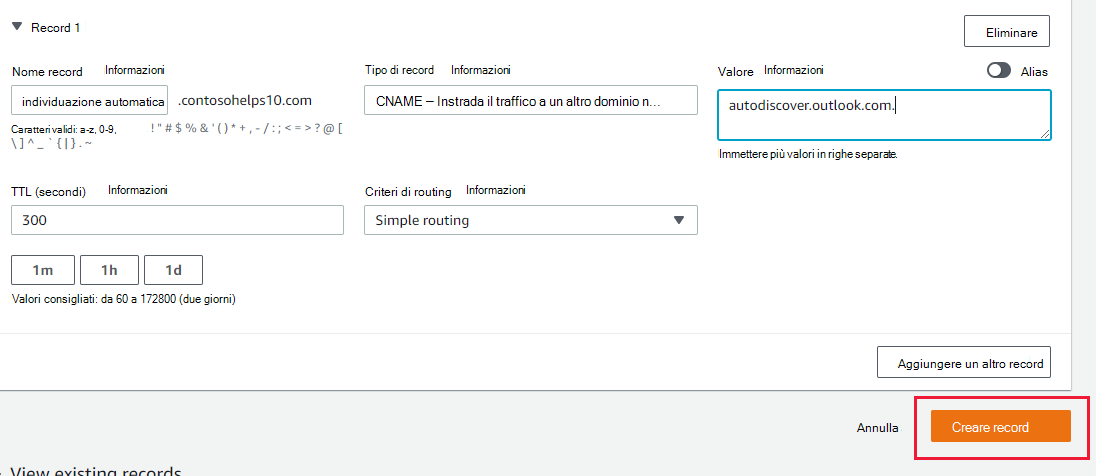 Screenshot della posizione in cui si seleziona Crea record per aggiungere un record CNAME