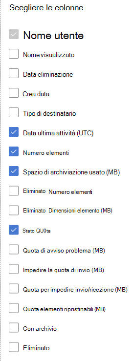 Report sull'utilizzo delle cassette postali: scegliere le colonne.