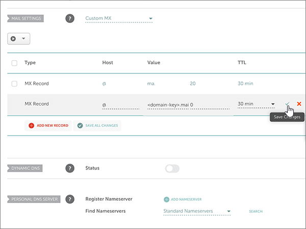 Screenshot del controllo Salva modifiche per il record MX.