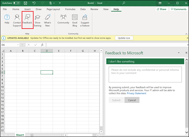 Screenshot: esempio di feedback nel prodotto in Windows 