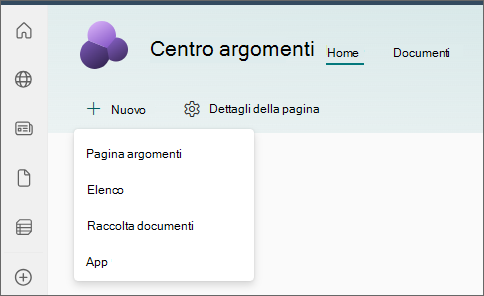 Screenshot della home page del centro argomenti con pagina argomento selezionata nel menu Nuovo.