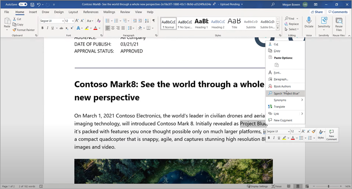 Screenshot che mostra la ricerca in Word tramite il menu di scelta rapida Cerca.