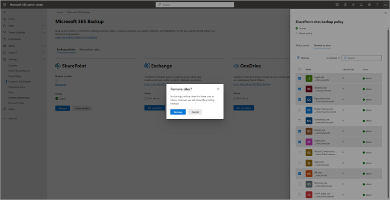 Screenshot che mostra come rimuovere i siti dai criteri di backup di SharePoint nel interfaccia di amministrazione di Microsoft 365.