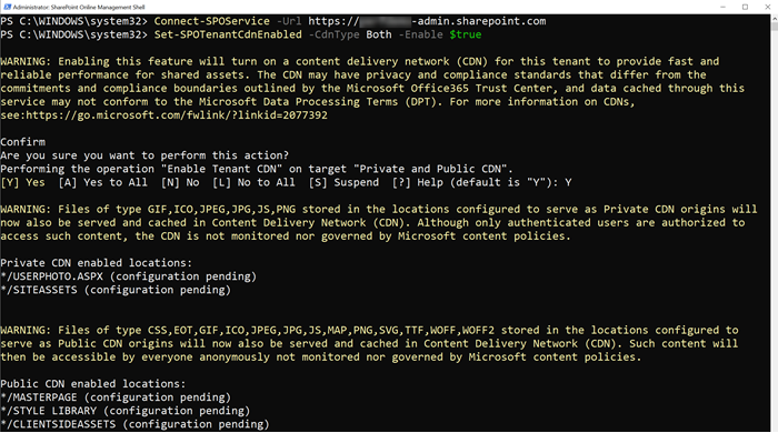 Output di Set-SPOTenantCdnEnabled.