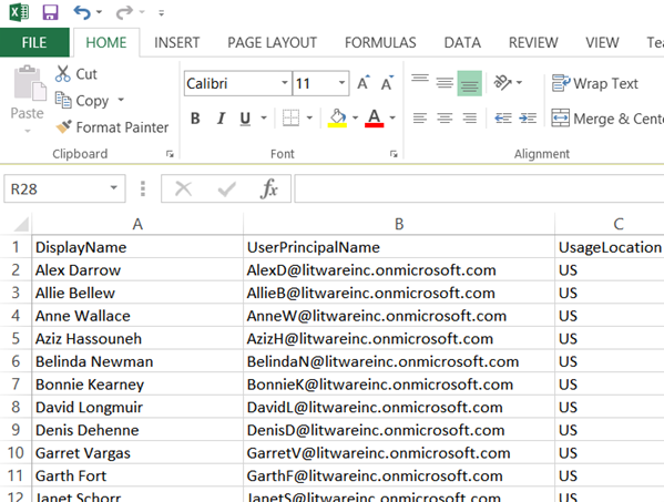 Esempio di tabella importata in un foglio di lavoro di Excel per i dati utente di Skype for Business Online salvati in un file di valori delimitati da virgole.