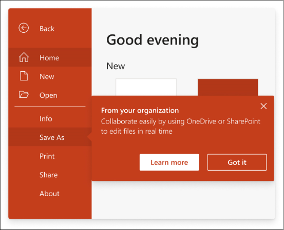 Notifica nel prodotto che consiglia di salvare in OneDrive