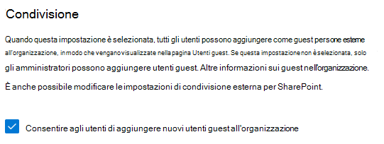 Screenshot dell'impostazione di condivisione guest di sicurezza e privacy nell'interfaccia di amministrazione di Microsoft 365.