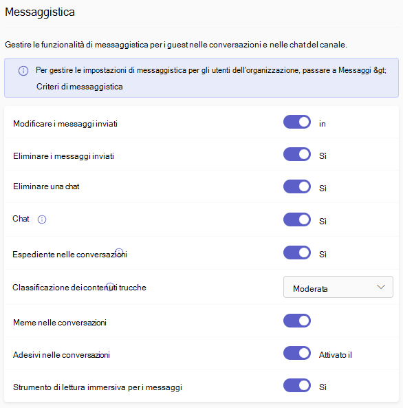 Screenshot delle impostazioni di messaggistica guest in Teams.