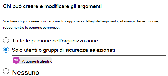 Screenshot della pagina Chi può creare e modificare gli argomenti.